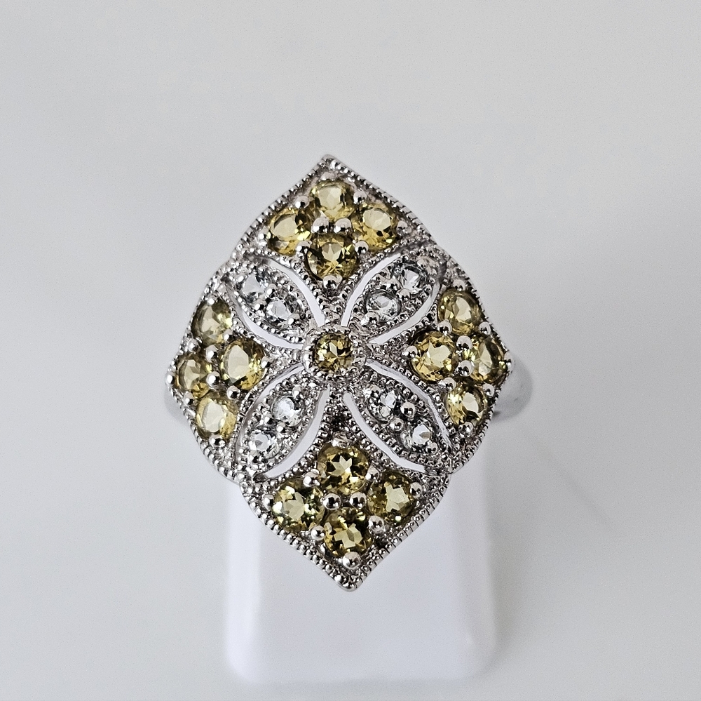 Genuine Lemon Citrine & Diamond Simulant Sterling Silver Ring Size 6